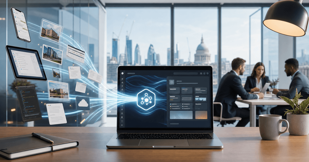 Laptop pulling workplace apps and documents into a governed AI workspace, with London in the background.