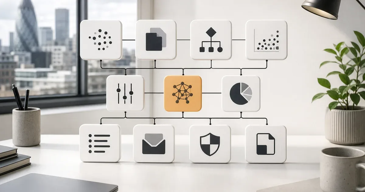 Eleven connected workflow cards illustrating small controlled AI pilots for UK SMEs