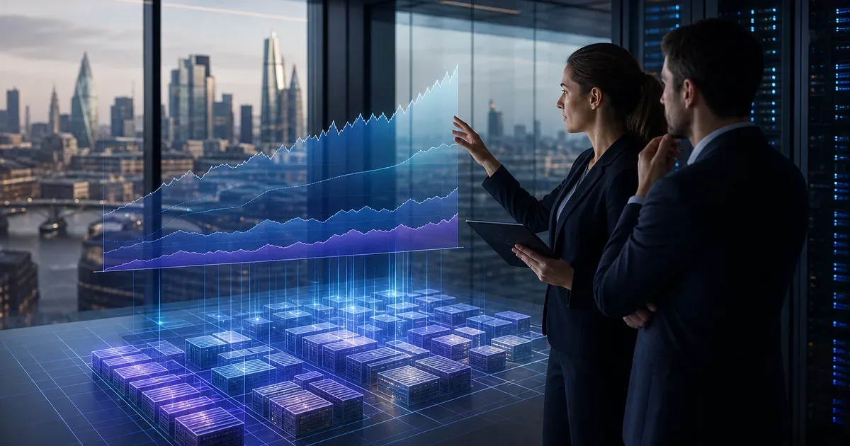 Professional editorial illustration of AI inference capacity forecasting, layers of computational demand charts and datacenter load planning, clean sophisticated corporate aesthetic, without words logos or watermarks — AI Build Group UK business technology
