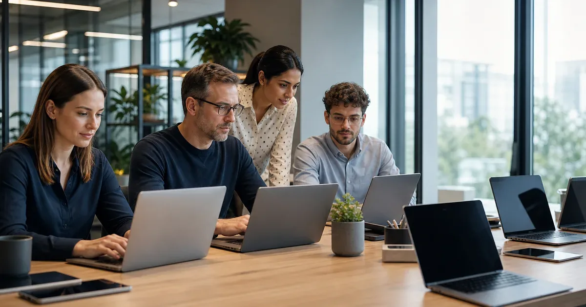 Professional UK office scene showing an approved AI workspace on company laptops with shadow personal devices kept aside.