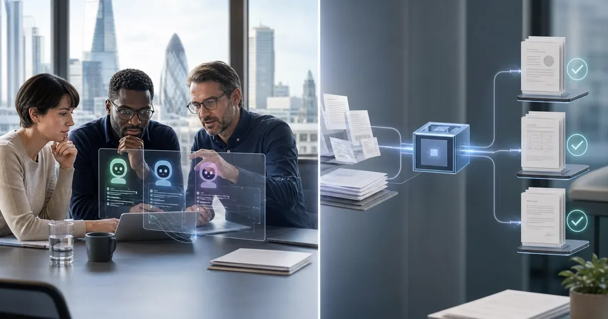 Professional editorial illustration of a UK SME team comparing AI assistants for research and reasoning alongside a separate document automation pipeline that produces approved business documents, no text, no logos, no badges, no watermarks — AI Build Group UK business technology