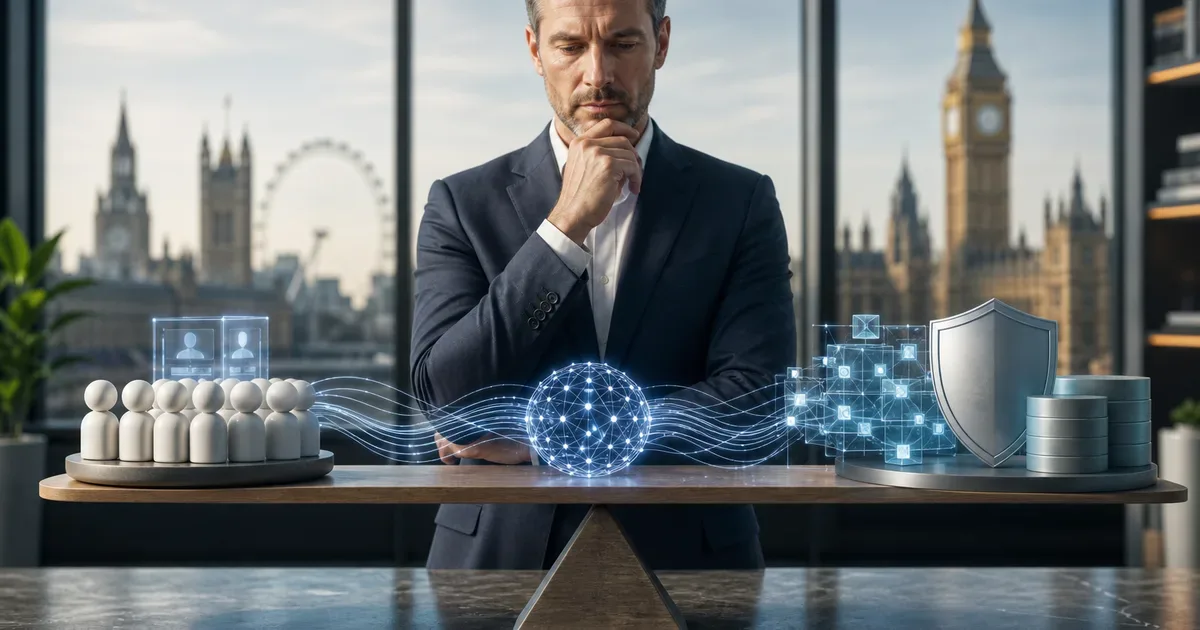 Premium editorial illustration of enterprise AI procurement decisions, abstract balance between subscription seats, API workloads, compliance and budgets, restrained professional aesthetic, no text logos or watermarks — AI Build Group UK business technology