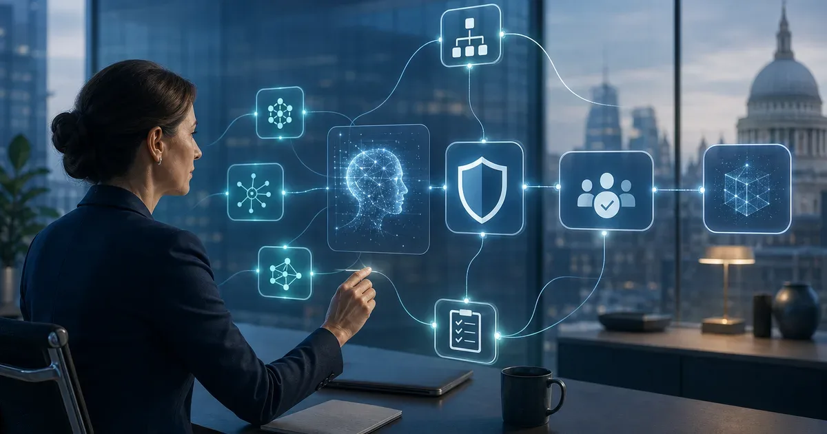Editorial wide illustration of enterprise AI agent governance, permission boundaries, human approval checkpoints and secure workflow connections, sophisticated navy and teal abstract visual, no words or logos — AI Build Group UK business technology