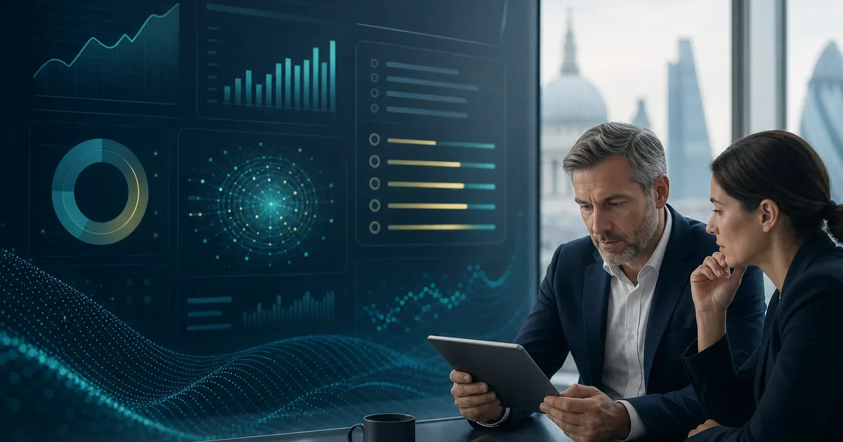 Editorial wide illustration of business AI rollout measurement scorecard with abstract data visualisation, human review, quality and productivity indicators, premium navy teal and neutral palette, no words or logos — AI Build Group UK business technology