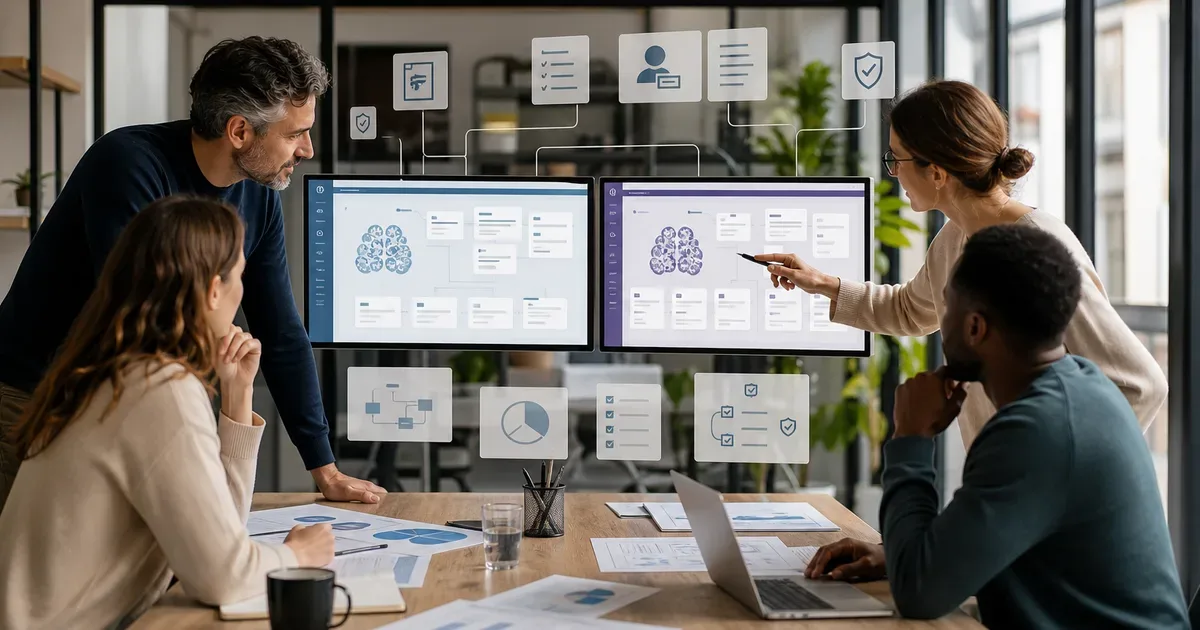UK SME team comparing two managed AI assistant workspaces, collaborative office, governance controls, workflow cards and business documents, professional editorial illustration, no logos, no text, no brand marks — AI Build Group UK business technology