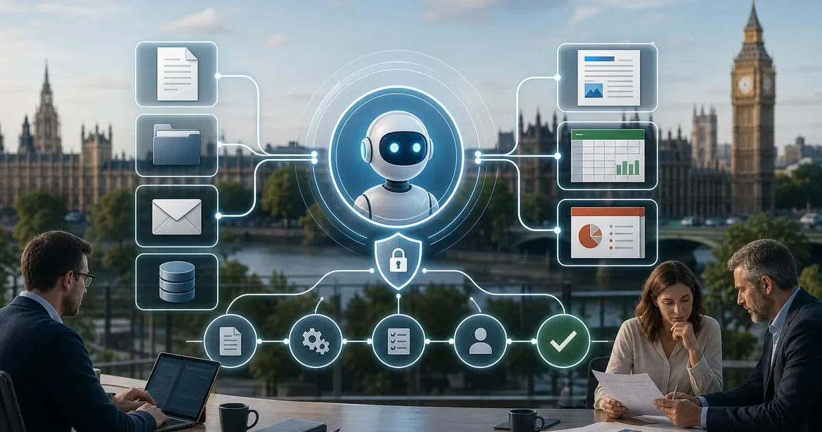 Editorial illustration showing a central conversational AI assistant securely coordinating with a document automation system that produces approved Word, Excel and PowerPoint files, visible workflow stages and human review, no text, no logos, no badges, no watermarks — AI Build Group UK business technology