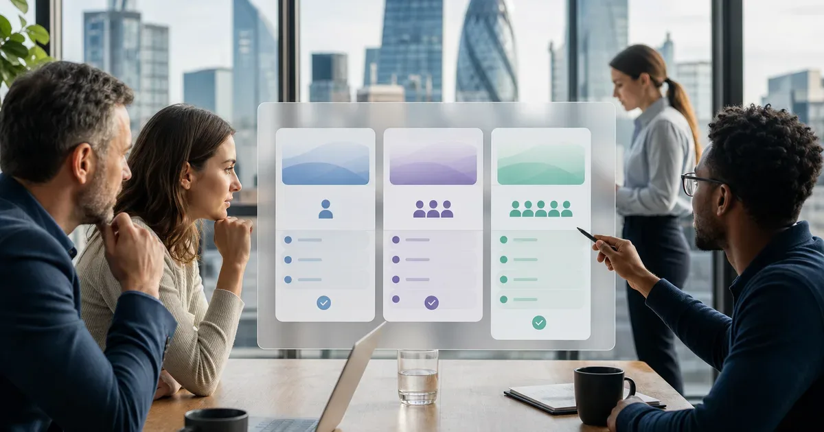 Wide professional editorial illustration of a UK business evaluating AI assistant subscription costs and team access, abstract pricing comparison cards without text, no logos — AI Build Group UK business technology