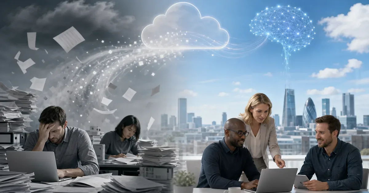 Wide professional editorial illustration of a business team working in a cloud productivity suite with AI assistance, abstract visual comparison, no text or logos — AI Build Group UK business technology
