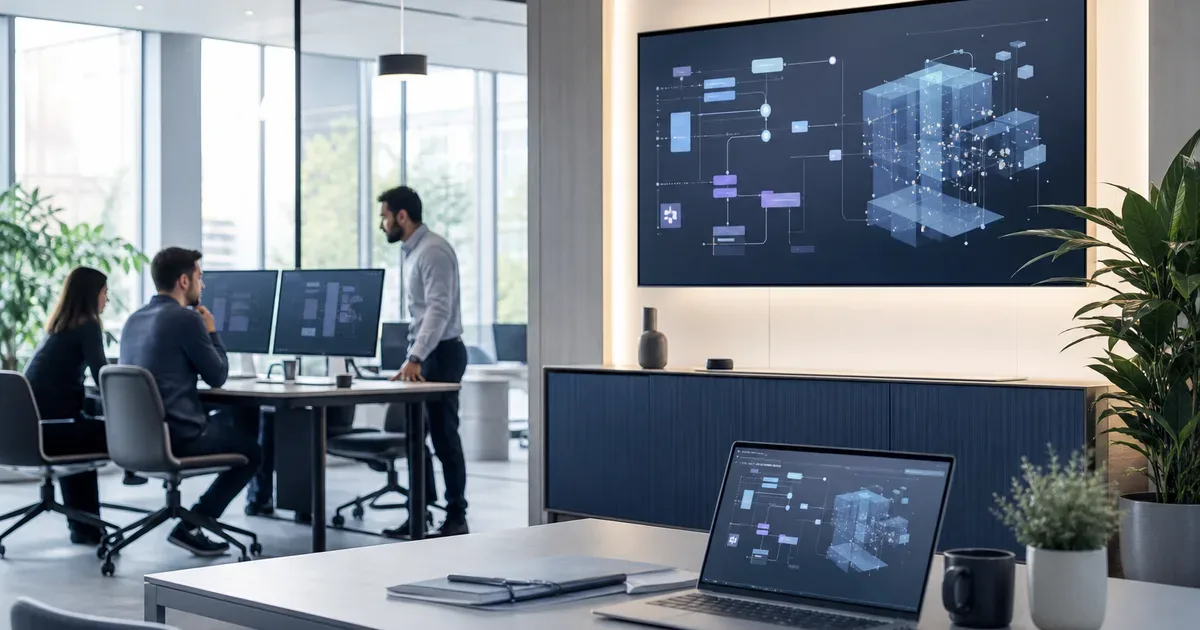 Professional editorial illustration for a UK software engineering case study about how we built ai trustmark. Clean modern workspace, abstract software architecture diagrams and screens, sophisticated neutral blue and warm white palette. No words, no logos, no badges, no watermark — AI Build Group UK business technology