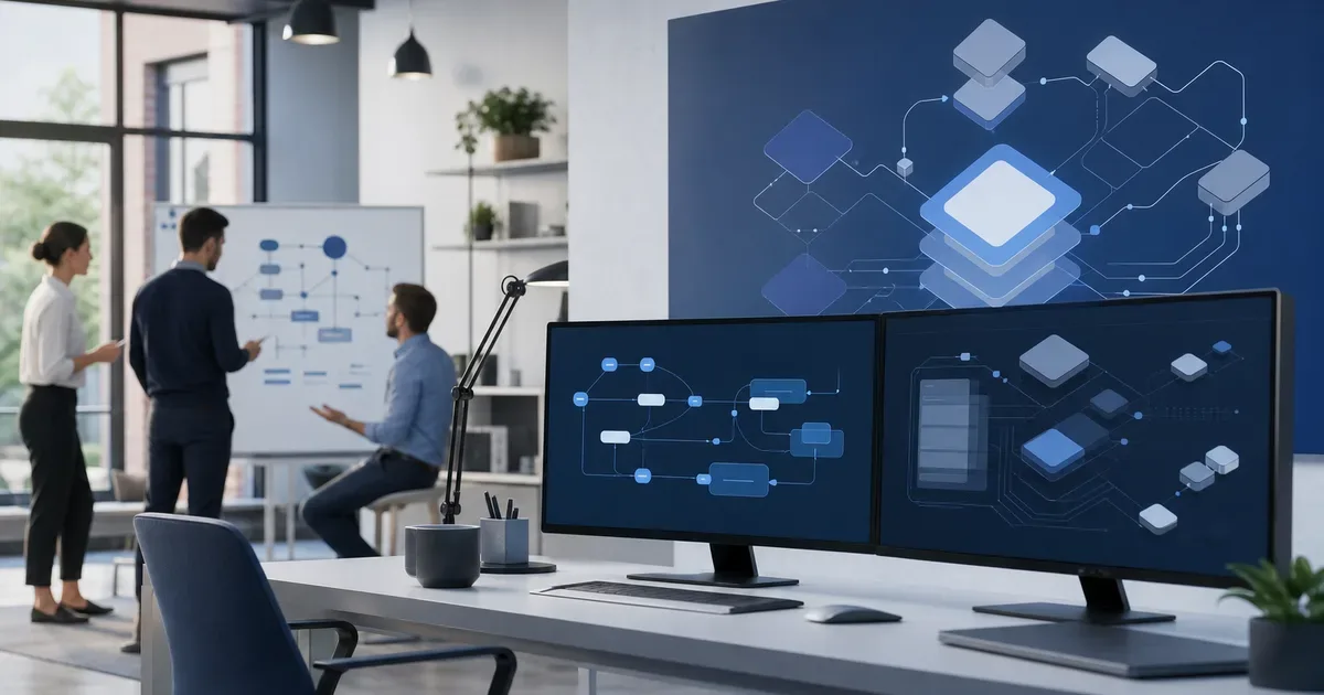 Professional editorial illustration for a UK software engineering case study about how we built asketta. Clean modern workspace, abstract software architecture diagrams and screens, sophisticated neutral blue and warm white palette. No words, no logos, no badges, no watermark — AI Build Group UK business technology