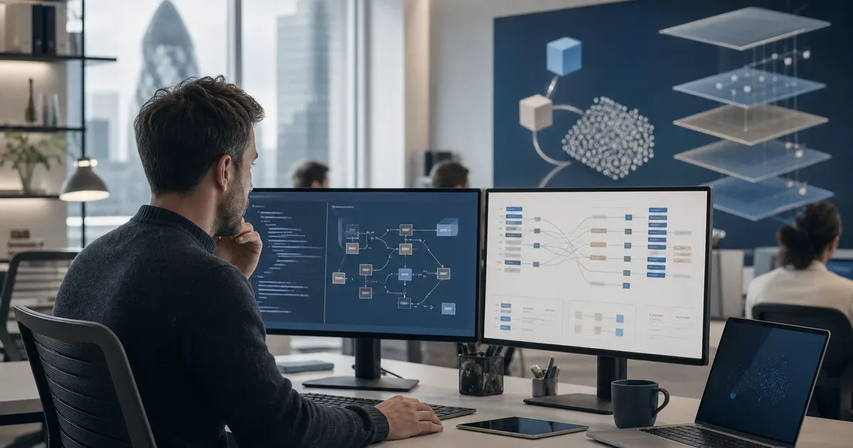 Professional editorial illustration for a UK software engineering case study about how we built job matches architecture. Clean modern workspace, abstract software architecture diagrams and screens, sophisticated neutral blue and warm white palette. No words, no logos, no badges, no watermark — AI Build Group UK business technology