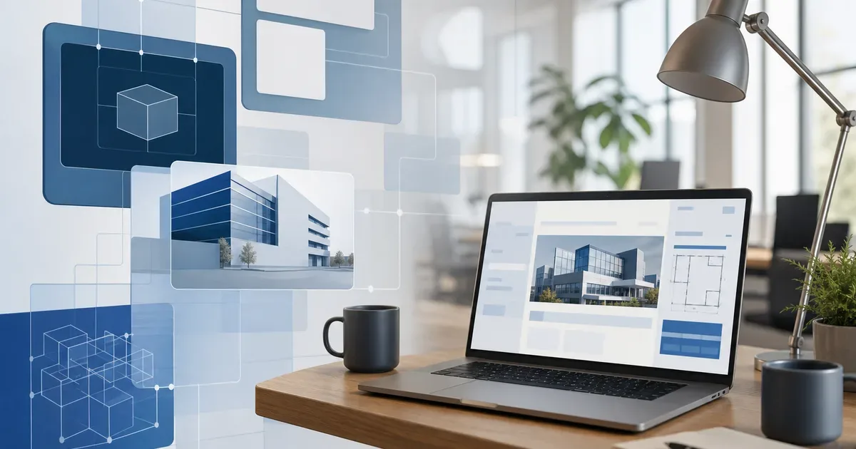 Professional editorial illustration for a UK software engineering case study about how we built officemaker. Clean modern workspace, abstract software architecture diagrams and screens, sophisticated neutral blue and warm white palette. No words, no logos, no badges, no watermark — AI Build Group UK business technology