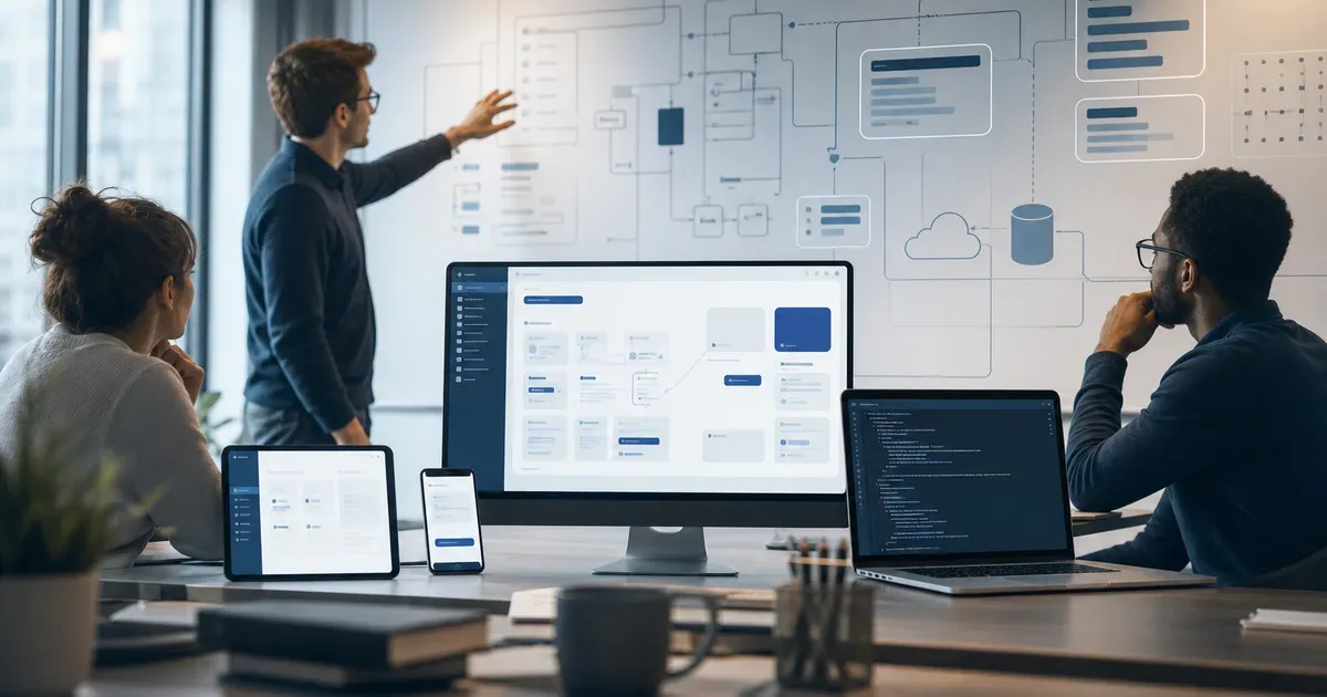 Professional editorial illustration for a UK software engineering case study about how we built savi education. Clean modern workspace, abstract software architecture diagrams and screens, sophisticated neutral blue and warm white palette. No words, no logos, no badges, no watermark — AI Build Group UK business technology