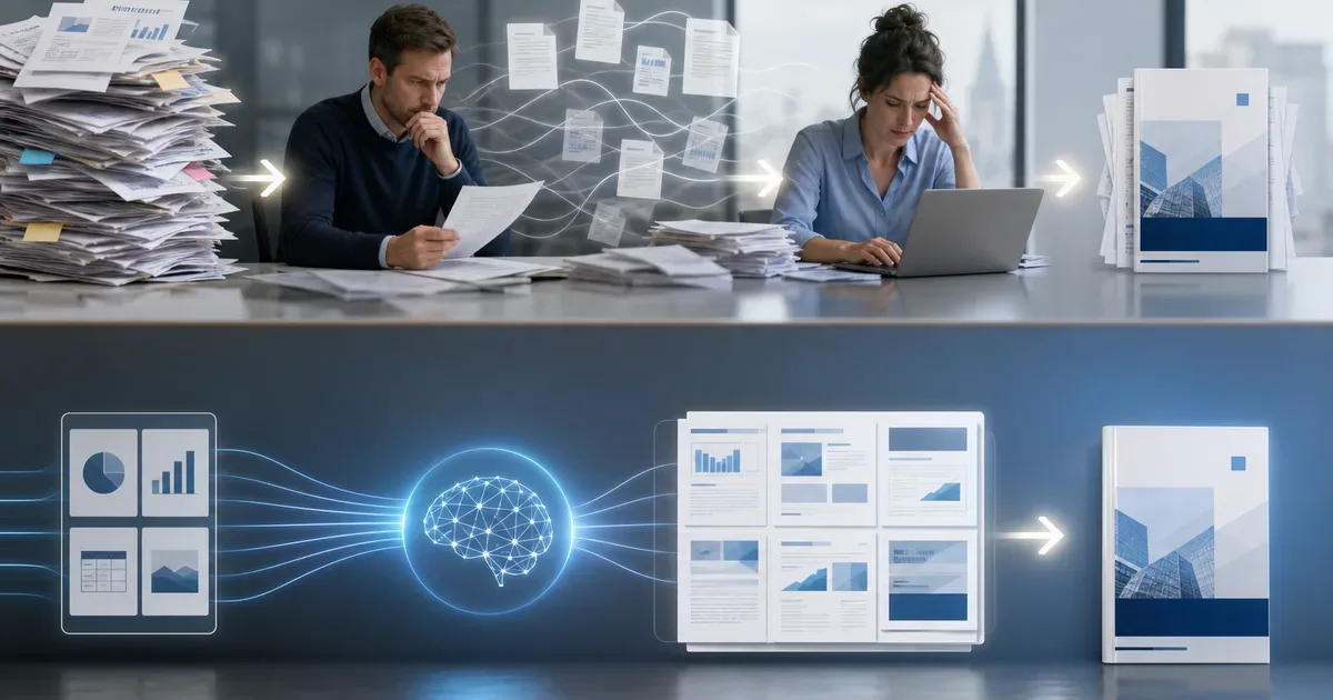 Document automation comparison: Microsoft 365-style document workflows and AI-assisted structured Office generation shown as two parallel process lanes, professional technical editorial visual, no logos, no text — AI Build Group UK business technology
