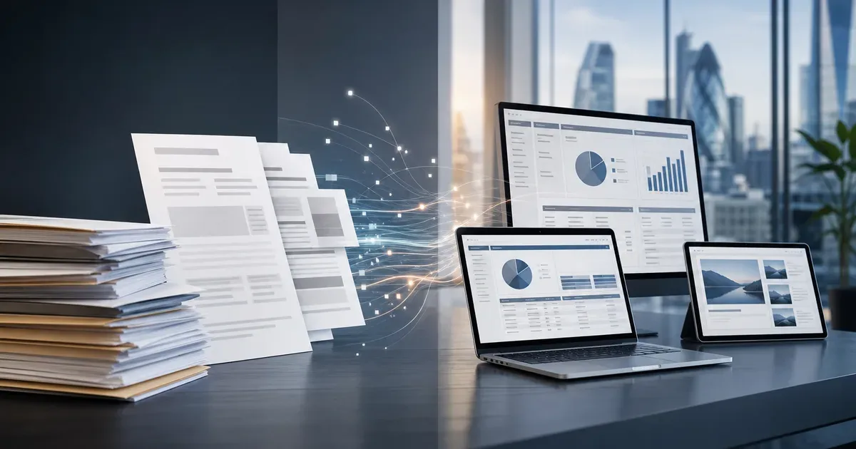Document automation comparison: template-driven business documents alongside AI-assisted Office workflow generation, data fields becoming reports, spreadsheets and presentations, clean professional visual, no logos, no text — AI Build Group UK business technology