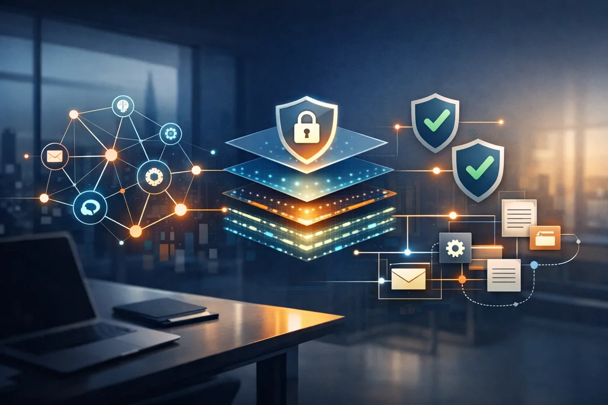 Abstract illustration of governed AI agents, secure data and practical automation for UK small businesses