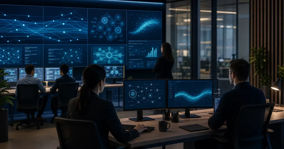 Controlled-operations office scene for secure AI systems and agent payments in a navy and teal palette