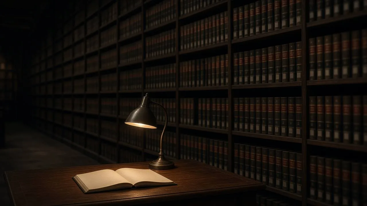 Quiet archive of identical ledgers with one selected notebook under a desk lamp, standing in for filtering a large spreadsheet before a language model sees it.