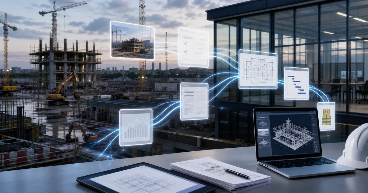 UK construction project and site operations connected by governed AI workflows for reporting, documents and safety